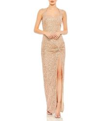 Mac Duggal - Square Sequin Halter Strap With Low Side Knot Detail Evening Gown - Lyst