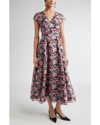 Carolina Herrera - Peony Print Cap Sleeve Silk Organza Midi Dress - Lyst
