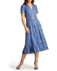 pintuck lace inset cocktail dress tadashi shoji Tadashi Shoji Pintuck Lace Inset Cocktail Dress in Blue