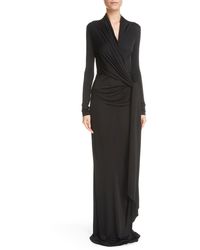 Saint Laurent - Draped Long Sleeve Shiny Jersey Dress - Lyst
