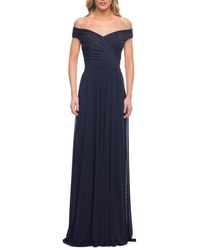 La Femme - Off The Shoulder Net Jersey Long Dress With Ruching - Lyst