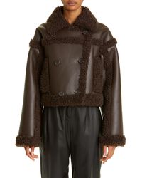Stand Studio - Kristy Double Breasted Faux Leather Crop Jacket With Faux Shearling Trim - Lyst