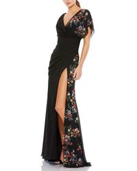 Mac Duggal - Floral Beaded Flutter Sleeves Chiffon V Neck Faux Wrap Dress - Lyst