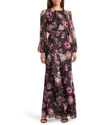 Eliza J - Floral Metallic Long Sleeve Maxi Dress - Lyst