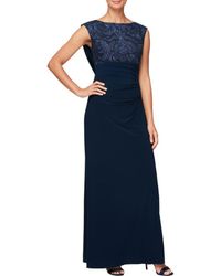 Alex Evenings - Long Empire Waist Cown With Cap Sleeves Dress, Jersey/Lace/Polyester - Lyst