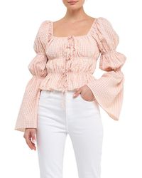 English Factory - Front Tie Shirred Puff Sleeve Top - Lyst