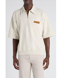 Bottega Veneta - Double Cotton Mélange Jersey Quarter Zip Polo With Intrecciato Suede Patch - Lyst