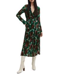Mango - Abstract Print Pleated Belted Long Sleeve Midi Wrap Dress - Lyst