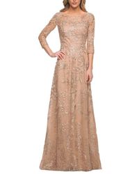 La Femme - Mother Of The Bride Lace Dress With Three-Quarter Sleeves - Lyst