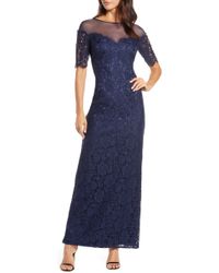 Eliza J Illusion Top Lace Evening Gown - Blue