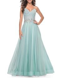La Femme - A-Line Prom Gown With Ruched Bodice And Rhinestone Belt Detail - Lyst