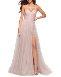La Femme - Rhinestone Tulle Ballgown With Slit And Lace Up Back - Lyst