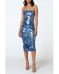 Bebe - Floral Sequin Strapless Cocktail Midi Dress - Lyst