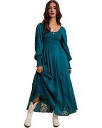 Knit & Lounge - Long Sleeve Maxi Dress With Smocked Bodice And Lace Insets - Lyst