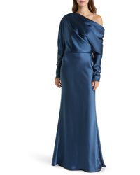 Amsale - Pleated One-shoulder Long Sleeve Satin Gown - Lyst
