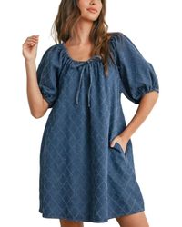 Knit & Lounge - Puff Sleeve Tie Neckline Mini Dress - Lyst