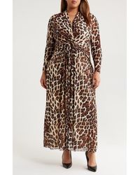 Anne Klein - Leopard Print Twist Front Long Sleeve Mesh Maxi Dress - Lyst