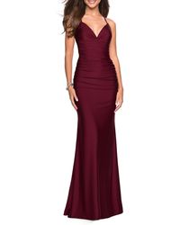 LA FEMME Cross Back Satin Jersey Trumpet Gown, BLACK - Prettyfashiondresses