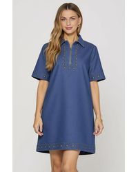 Modenaire - Denim Studded Half Zip Mini Dress With Collar And Short Sleeves - Lyst