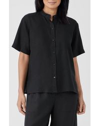 Eileen Fisher - Band Collar Short Sleeve Organic Linen Button-up Shirt - Lyst