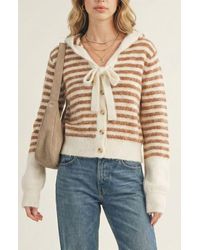 Modenaire - Striped Button-Up Cardigan Hoodie With Ribbon Tie And Ribbed Hem - Lyst