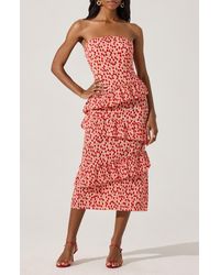 Astr - Plissé Asymmetric Tiered Ruffle Strapless Midi Dress - Lyst