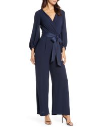 Eliza J Long Sleeve Wide Leg Jumpsuit - Blue