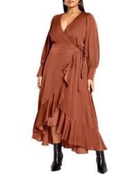 City Chic - Oki Long Sleeve Wrap Maxi Dress - Lyst