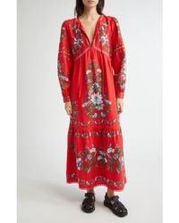 FARM Rio - Sweet Bloom Long Sleeve Linen Blend Tiered Maxi Dress - Lyst