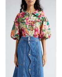 FARM Rio - Painted Flowers Ruffle Puff Sleeve Cotton Button-up Shirt - Lyst