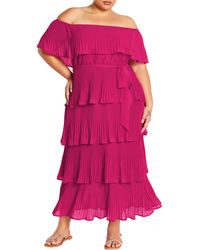 City Chic - Night Garden Tiered Release Pleat Off The Shoulder Maxi Dress - Lyst