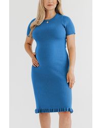 Marion - Short Sleeve Knit Maternity Knee Length Sweater Dress With Hem Detail - Lyst