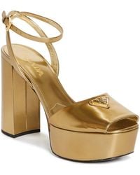 Prada - Logo Metallic Leather Platform Sandal - Lyst