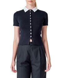 Endless Rose - Contrast Collar Button Front Knit Top - Lyst