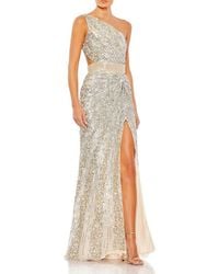 Mac Duggal - Sequined One Shoulder Draped Lace Up Gown - Lyst
