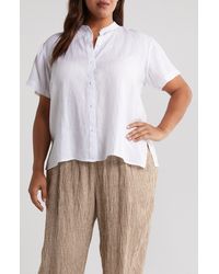 Eileen Fisher - Band Collar Short Sleeve Organic Linen Button-up Shirt - Lyst