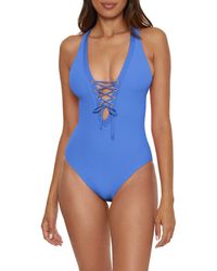 Becca - Modern Edge Ribbed Lace-Up Plunge One-Piece Swimsuit - Lyst