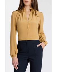 Santorelli - Astrid Long Sleeve Silk Ruffle-Neck Top - Lyst