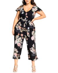 City Chic Plus Floral-print Belted Jumpsuit - Black