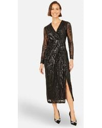 Yumi' - Sequin Midi Long Sleeve Wrap Dress - Lyst