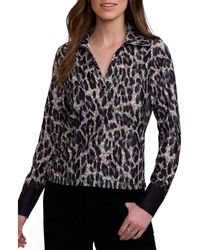 Foxcroft - Talia Cheetah Print Crepe Knit Long Sleeve Polo - Lyst