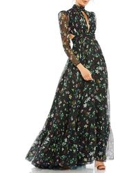 Mac Duggal - Floral Chiffon High-Neck Gown With Sheer Puff Sleeves And Lace-Up Cutouts - Lyst