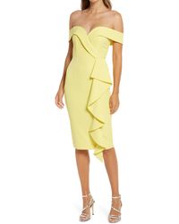 pleated bardot draped belt midi dress in yellow