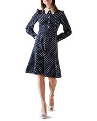 LK Bennett - Mathilde Polka Dot Long Sleeve Silk Fit & Flare Dress - Lyst