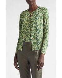 St. John - Fine Gauge Leopard Print Wool Blend Cardigan - Lyst