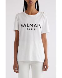 Balmain - Button Shoulder Cotton Logo Graphic T-shirt - Lyst