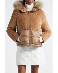 Moncler - Marne Mixed Media Down Jacket With Removable Genuine Goat Hair Trim Hood - Lyst