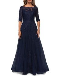 La Femme - Lace And Tulle A-Line Gown With Three Quarter Sleeves - Lyst