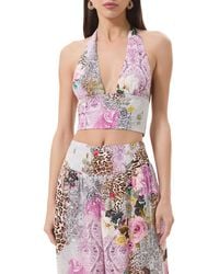 AFRM - Sylas Mix Print Plunge Halter Neck Crop Top - Lyst