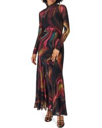 Steve Madden - Vivara Printed Long Sleeve Mesh Maxi Dress - Lyst